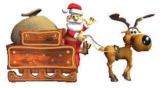 Middelgrote animatie van een rendier - De Kerstman zit met zijn grote zak met kerstcadeaus op de arrenslee die door het rendier getrokken wordt