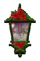 Kleine kerstmis animatie van kerstverlichting - Lantaarn met rode kerststerren en in de lantaarn een sneeuwlandschap waar het sneeuwt