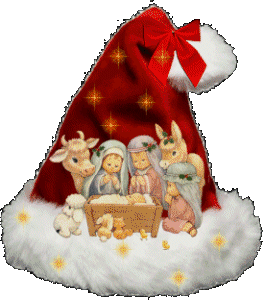 Middelgrote animatie van een kerststal - Kerstmuts met kinderen bij Jezus in de kribbe
