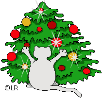 Kleine kerstanimatie van een kerstboom - De kat gooit de kerstballen uit de boom