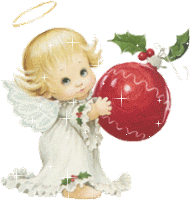 Kleine kerstanimatie van een kerstengel - Engeltje dat een grote rode kerstbal vasthoudt
