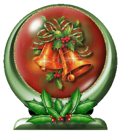 Middelgrote kerstmis animatie van een kerstklok - Globe met twee kerstklokken met een groenrode strik en hulstbladeren met rode bessen