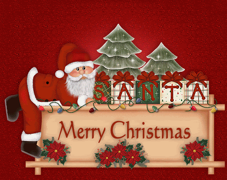 Grote kerst animatie van een kerstwens - Merry Christmas met Santa Claus en rode kerststerren en twee kerstbomen