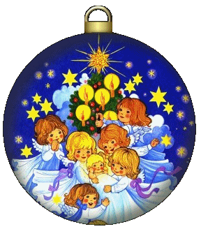 Middelgrote kerstmis animatie van een kerstbal - Kerstbal met daarop een groep kinderen en een kerstboom met brandende kaarsjes