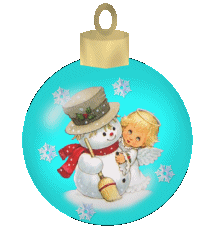 Middelgrote kerstmis animatie van een kerstbal - Kerstbal met een sneeuwpop en een engeltje