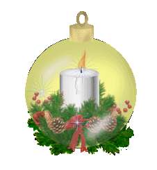 Middelgrote kerstmis animatie van een kerstbal - Gele kerstbal met een brandende witte kaars en kerstgroen