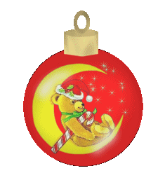Middelgrote kerstmis animatie van een kerstbal - Rode kerstbal met een gele maan waar een bruine beer op zit die een kerstmuts draagt