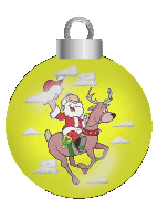 Kleine kerstanimatie van een kerstbal - Gele kerstbal met Santa Claus op een rendier