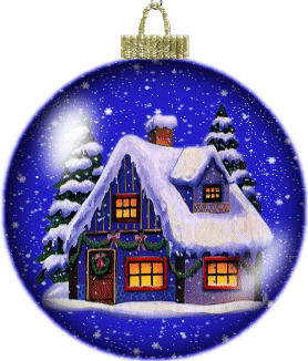 Middelgrote kerstmis animatie van een kerstbal - Blauwe kerstbal met een besneeuwd huis in de sneeuw