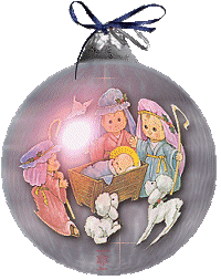 Middelgrote kerstmis animatie van een kerstbal - Kerstbal met het kerstkind in de kribbe omringd door de drie herders en twee lammeren