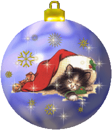 Middelgrote kerstmis animatie van een kerstbal - Blauwe kerstbal met een katje dat ligt te slapen onder een kerstmuts en witte sterren