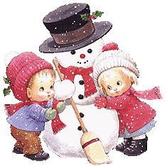 Middelgrote animatie van een sneeuwpop - Twee kinderen met een sneeuwpop