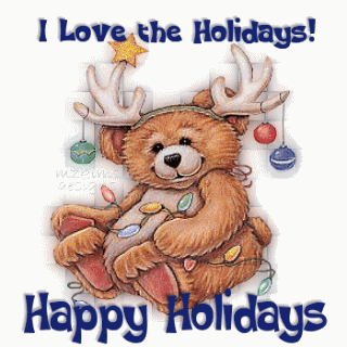 Grote kerstanimatie van een kerstdier - I Love the Holidays Happy Holidays met een beer met hertengewei en een snoer kerstverlichting