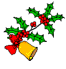 Mini kerstmis animatie van een kerstklok - Twee gele kerstbellen aan een takje met hulstbladeren en rode bessen