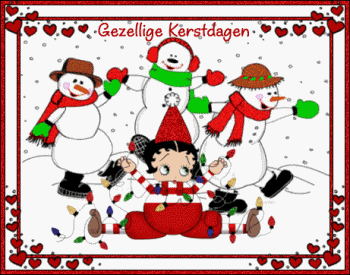 Middelgrote animatie van een kerstwens - Gezellige Kerstdagen met een meisje met kerstverlichting en drie blije sneeuwmannen