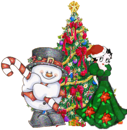 Grote kerstanimatie van een kerstboom - Rijk versierde kerstboom met een meisje en een sneeuwpop