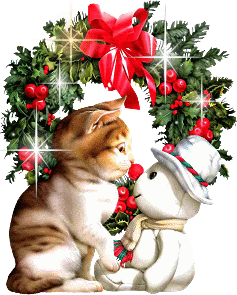 Middelgrote kerstanimatie van een kerstkrans - Sneeuwpop en een katje met op de achtergrond een kerstkrans met een rode strik en kerststerren