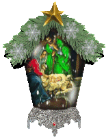 Kleine animatie van een kerststal - Lantaarn met daarin Jozef en Maria en het kerstkind in de stal