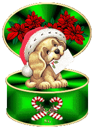 Kleine animatie van een kerstdier - Hondje met een brief in zijn bek en een kerstmuts op zijn kop