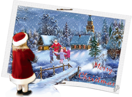 Grote animatie van een kerk - Merry Christmas, een kerstkaart met de Kerstman die een dansje maakt met een paar kinderen in de sneeuw