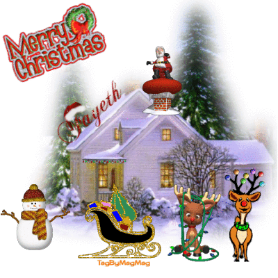 Grote kerstanimatie van een kersthuis - Merry Christmas met de Kerstman die de zak met kerstcadeaus de schoorsteen in probeert te stampen