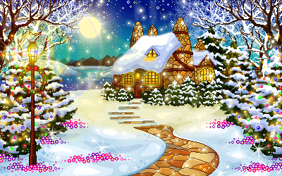 Middelgrote kerst animatie van een kersthuis - Besneeuwd huisje in de sneeuw met op de voorgrond een kerstkrans aan een lantaarnpaal