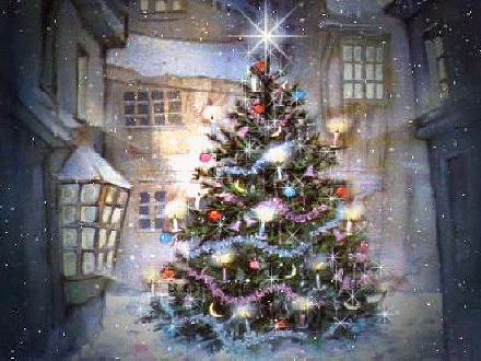 Grote kerstanimatie - Rijk gedecoreerde kerstboom met witte sterretjes en een grote schijnende witte ster als piek