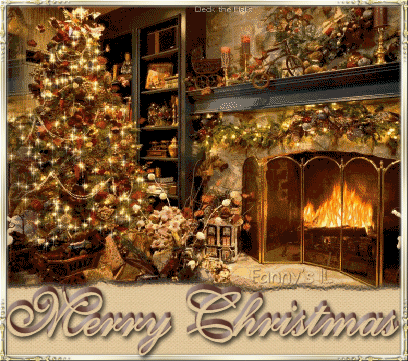 Grote animatie van een schoorsteen - Merry Christmas met een brandende open haard en daarnaast een kerstboom met twinkelverlichting