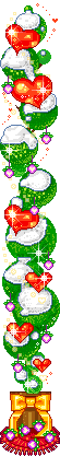 Kleine kerstanimatie - Groene kerstballen met sneeuw en rode hartjes boven een gele strik