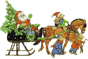 Middelgrote kerstanimatie van een kerstman - De Kerstman zit met een kerstboom in zijn arrenslee die getrokken wordt door een paard