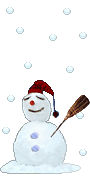 Mini animatie van een sneeuwpop - Sneeuwpop met kerstmuts en bezem staat in de sneeuw