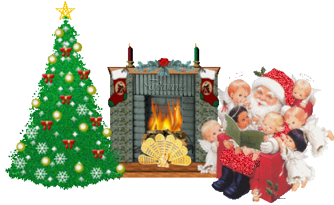 Grote animatie van een schoorsteen - De Kerstman zit naast de brandende open haard en leest de kinderen een verhaaltje voor, aan de andere kant van de open haard staat een grote kerstboom met rode strikken en witte sneeuwkristallen
