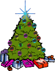 Middelgrote kerstanimatie van een kerstboom - Kerstboom met een blauwe ster als piek en kerstcadeaus onder de boom