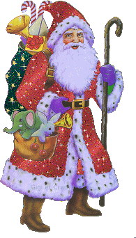 Middelgrote kerstanimatie van een kerstman - Oude Kerstman met een sotk en een grote zak met kerstcadeaus op zijn rug