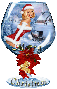Middelgrote animatie van een kerstmeisje - Een glas met daarin een kerstbabe bij een sneeuwlandschap met paardenkoets en een huis met een kerk