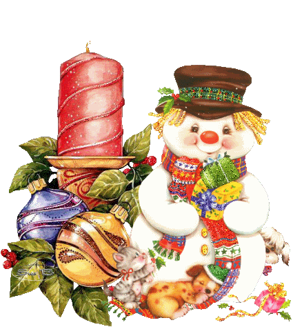 Grote kerstanimatie - Brandende rode kaars met kerstballen en daarnaast een grote sneeuwman met een hondje en een katje