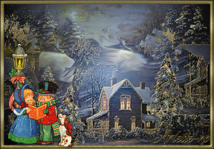 Grote animatie van een rendier - De Kerstman vliegt met zijn arrenslee en rendieren door de lucht terwijl twee kinderen met een hond voor het huis kerstliederen zingen