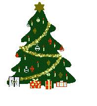 Kleine kerstanimatie van een kerstboom - Kerstboom met gele slingers en kaarsjes met daaronder kerstcadeaus en een gele ster als piek