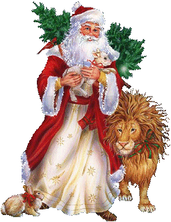 Middelgrote kerstanimatie van een kerstman - Kerstman met een sparrenboom en een leeuw