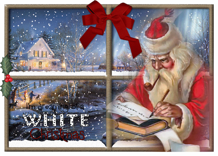 Grote kerstanimatie van een kerstman - I'm dreaming of a white christmas met een Kerstman die een pijp rookt en een brief schijft terwijl door het raam een huis in de sneeuw te zien is