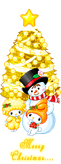 Kleine animatie van een sneeuwpop - Merry Christmas met een gele kerstboom en een sneeuwpop