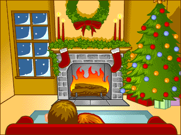 Grote animatie van een schoorsteen - Brandende open haard met daarnaast een kerstboom en boven de open haard een kerstkrans en vier brandende rode kaarsen terwijl het buiten sneeuwt