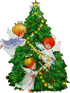 Middelgrote kerstanimatie van een kerstboom - Drie engelen die de kerstboom versieren