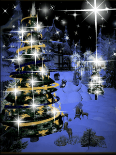 Middelgrote kerstanimatie van een kerstboom - Twee kerstbomen in de sneeuw met grote witte sterren en de ster van Bethlehem aan de hemel