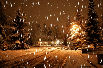 Grote animatie van sneeuw - Besneeuwd huis met een besneeuwde kerstboom in de sneeuw terwijl het sneeuwt