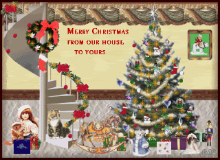 Middelgrote animatie van een kerstwens - Merry Christmas from our house to yours met een grote kerstboom met witte slingers en gele sterretjes