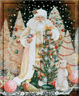 Middelgrote kerstanimatie van een kerstman - Kerstman in witte kleren met een groene kerstboom en daarachter witte kerstbomen