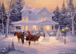 Middelgrote kerst animatie van een kersthuis - Besneeuwd wit huis met daarvoor een paardenkoets in de sneeuw terwijl het sneeuwt
