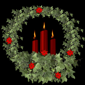 Middelgrote kerstanimatie van een kerstkrans - Kerstkrans met rode kerststerren en binnenin drie brandende rode kaarsen