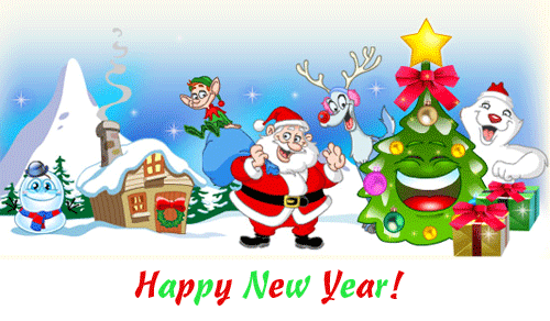 Grote kerstanimatie van een kerstman - Happy New Year! met een Kerstman, een lachende kerstboom, een ijsbeer en een rendier